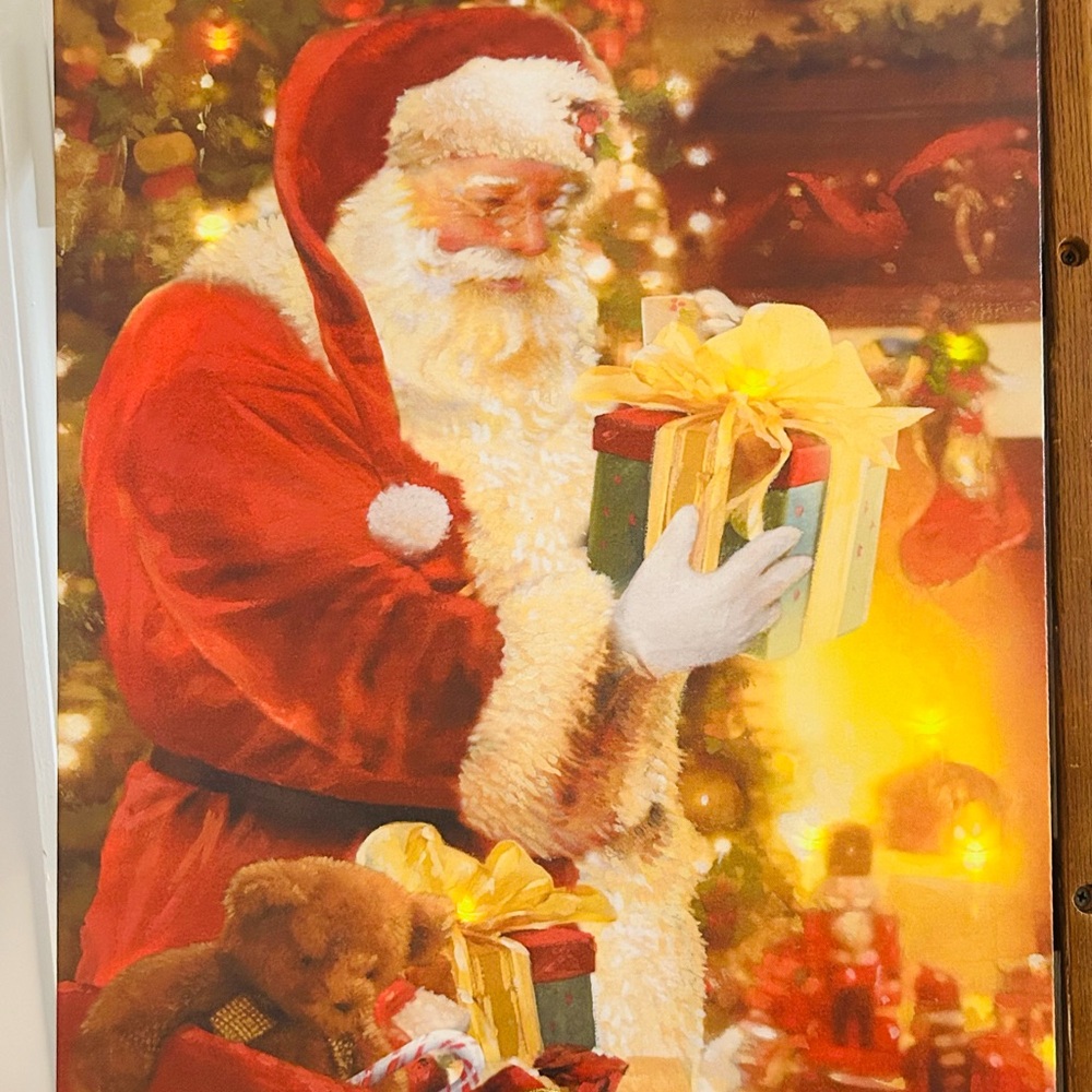 Christmas Canvas Print LED Wall Art Light Up Snowy Santa Gold Bow